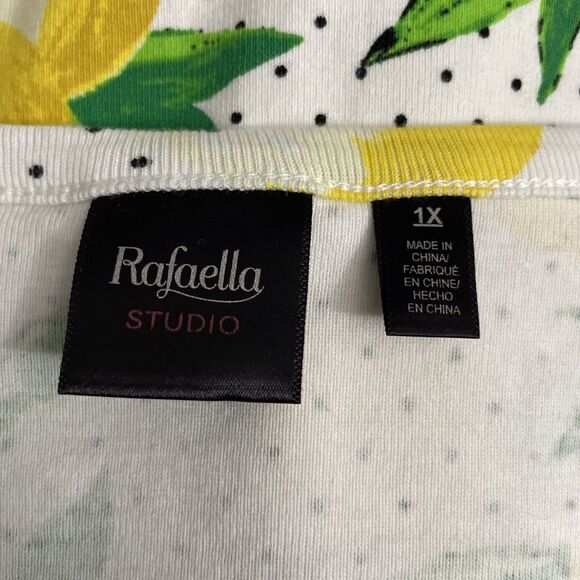 Rafaella Women's 1X White Lemon & Polka Dot Print Zip-Front Short Sleeve Top - Picture 3 of 10